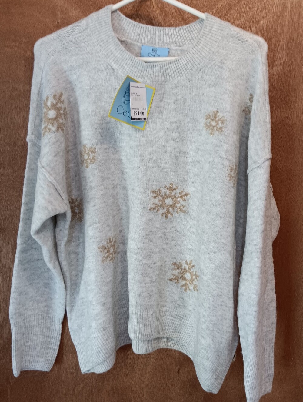 CeCe Light Gray Crewneck Sweater with Gold Snowflake Motif
